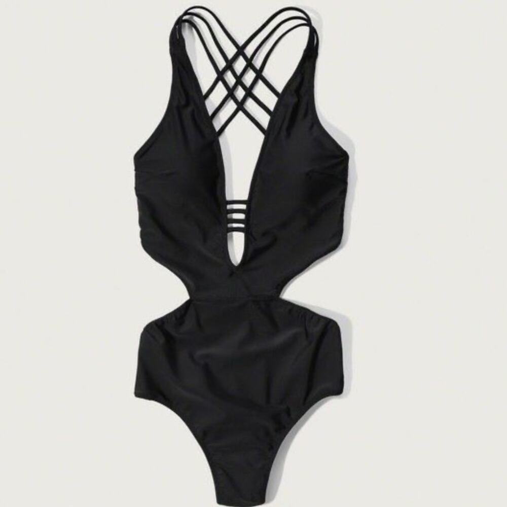 NWT Abercrombie & Fitch High Cut Strappy Black One Piece Swimsuit Size Small